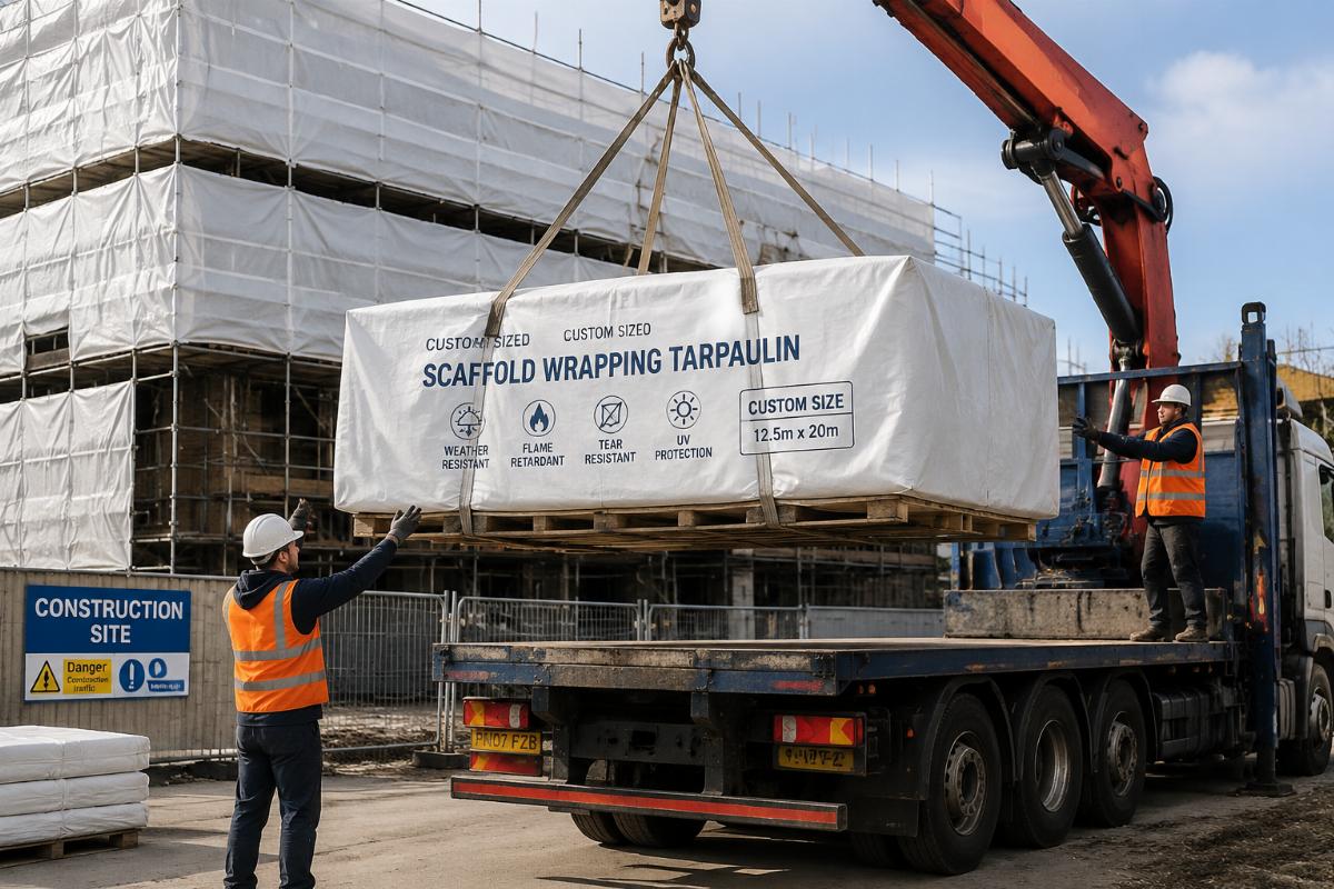 Custom sized scaffold wrapping tarpaulin being unloaded at a construction site