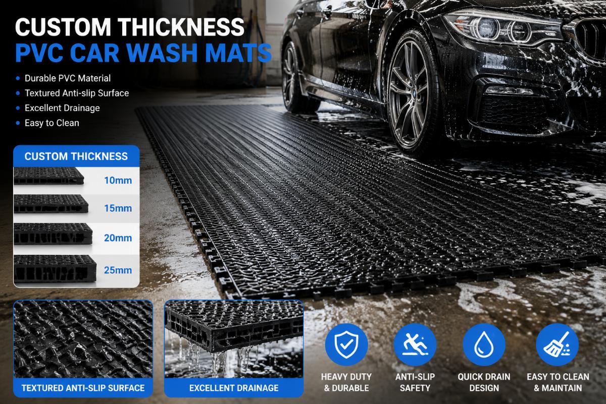 Custom thickness PVC car wash mats with textured anti-slip surface