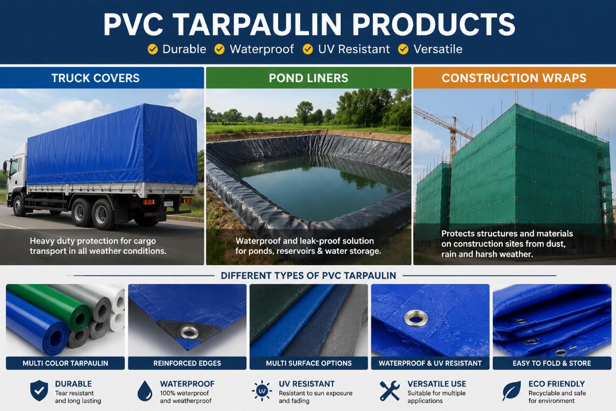 Different types of PVC tarpaulin products displayed for different use cases including truck covers, pond liners and construction wraps