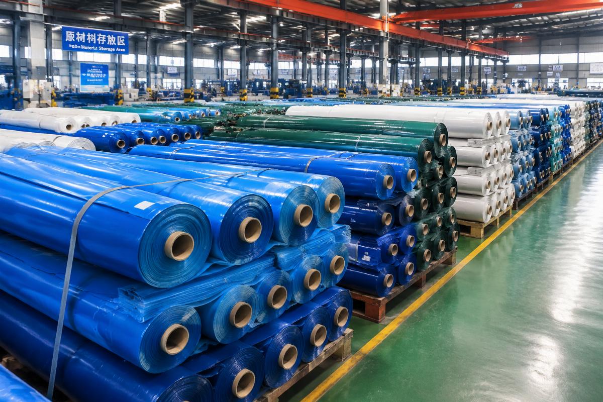 Factory floor showing pre-stocked PVC tarp material rolls ready for emergency order production