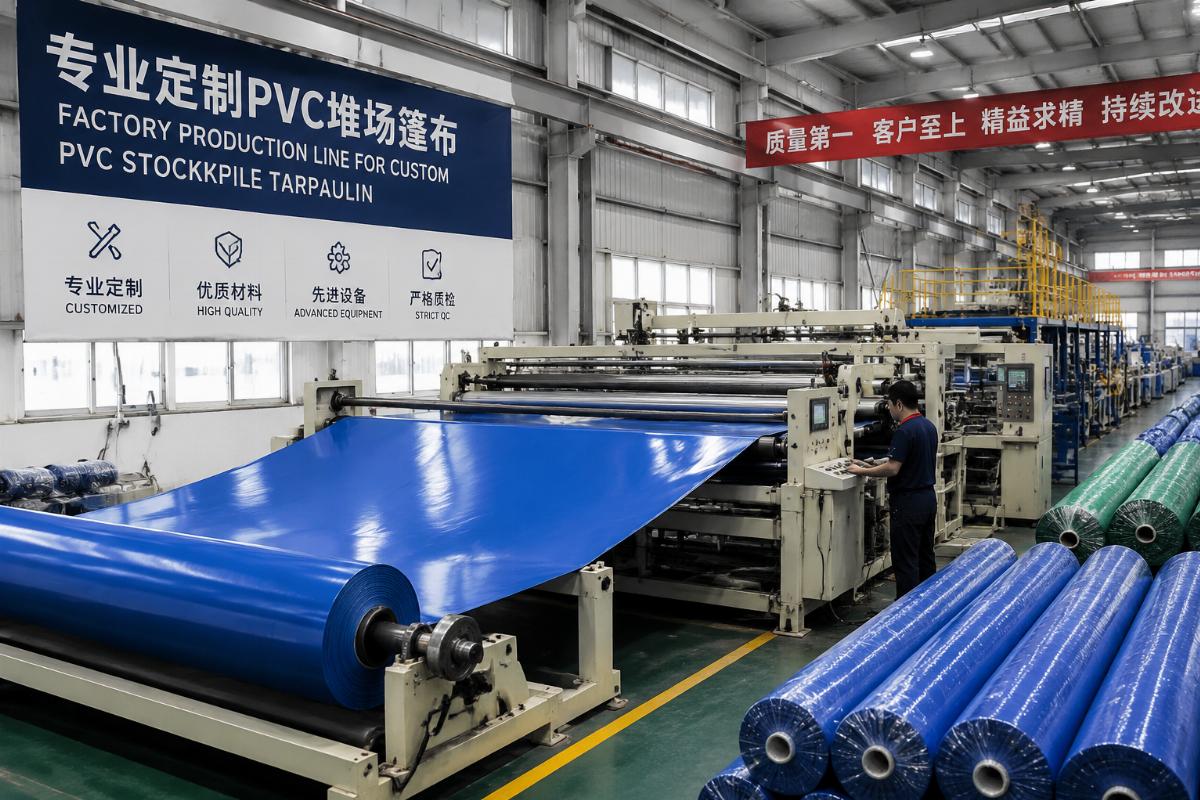 Factory production line for custom PVC stockpile tarpaulin at a Chinese manufacturing facility