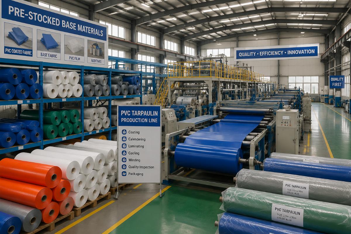 Factory production line for PVC tarpaulin with pre-stocked base materials