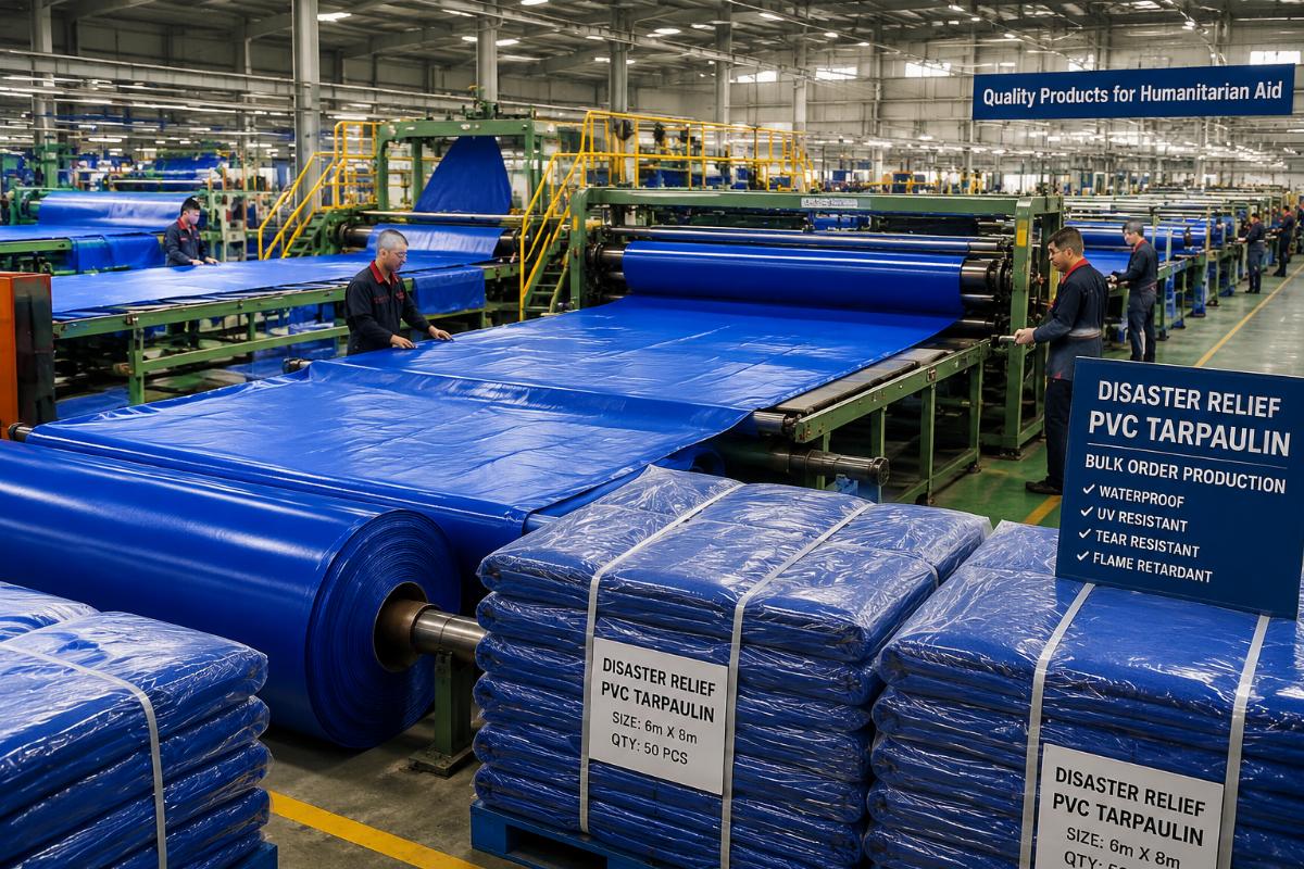 Factory production line running bulk order of disaster relief PVC tarpaulin