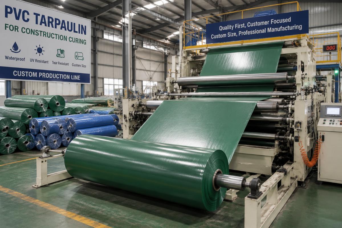 Factory production line running custom-sized PVC tarpaulin rolls for construction curing use