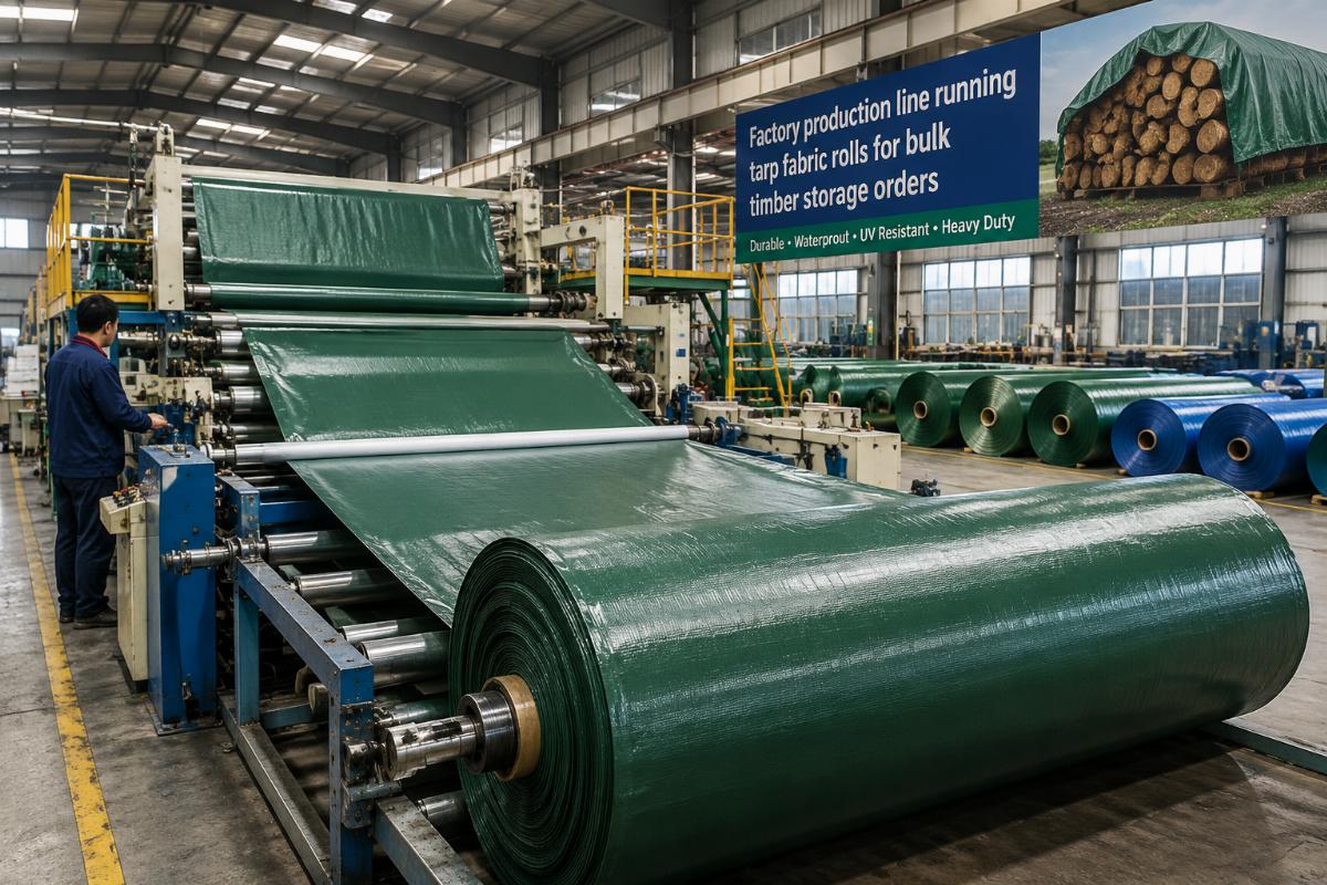 Factory production line running tarp fabric rolls for bulk timber storage orders