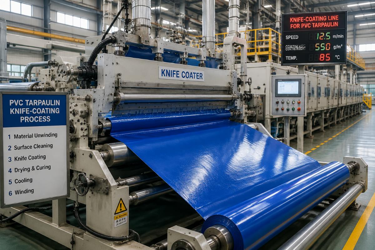 Factory production line showing knife-coating process for PVC tarpaulin material
