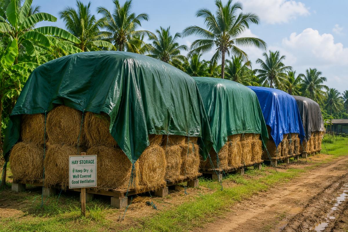 Hay bales covered by properly matched tarps for local climate conditions in a tropical farm setting