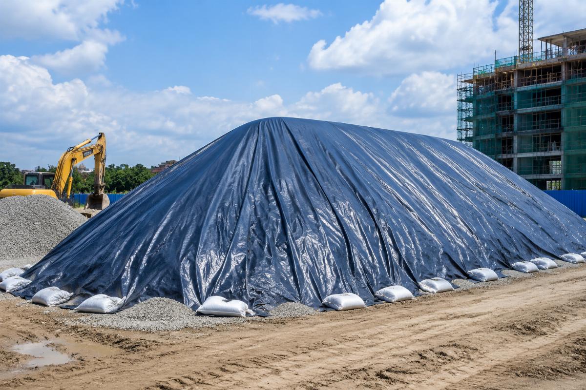 Heavy-duty PVC tarp covering a large sand and gravel stockpile at a construction site
