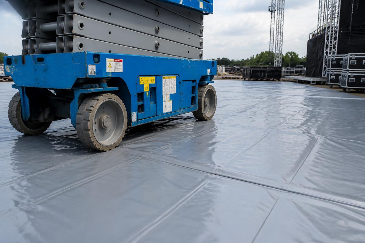 Heavy event equipment rolling on durable PVC ground sheet