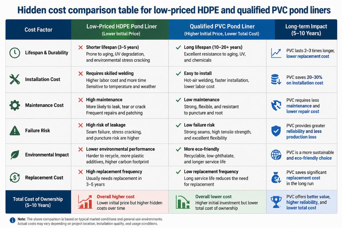 Hidden cost comparison table for low-priced HDPE and qualified PVC pond liners