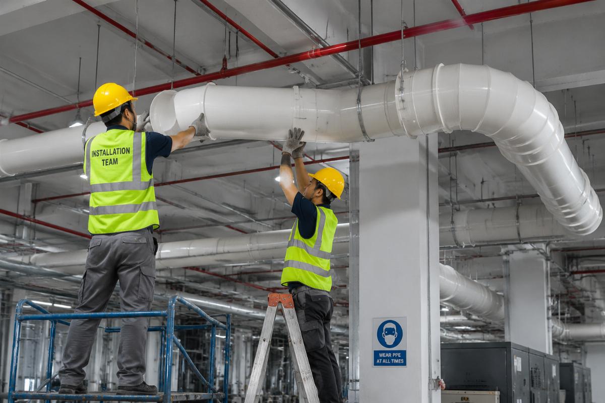 Installation team fitting PVC air ducts in an industrial facility ceiling