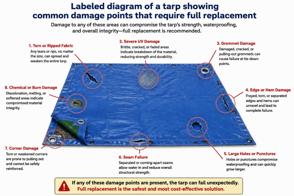 Labeled diagram of a tarp showing common damage points that require full replacement