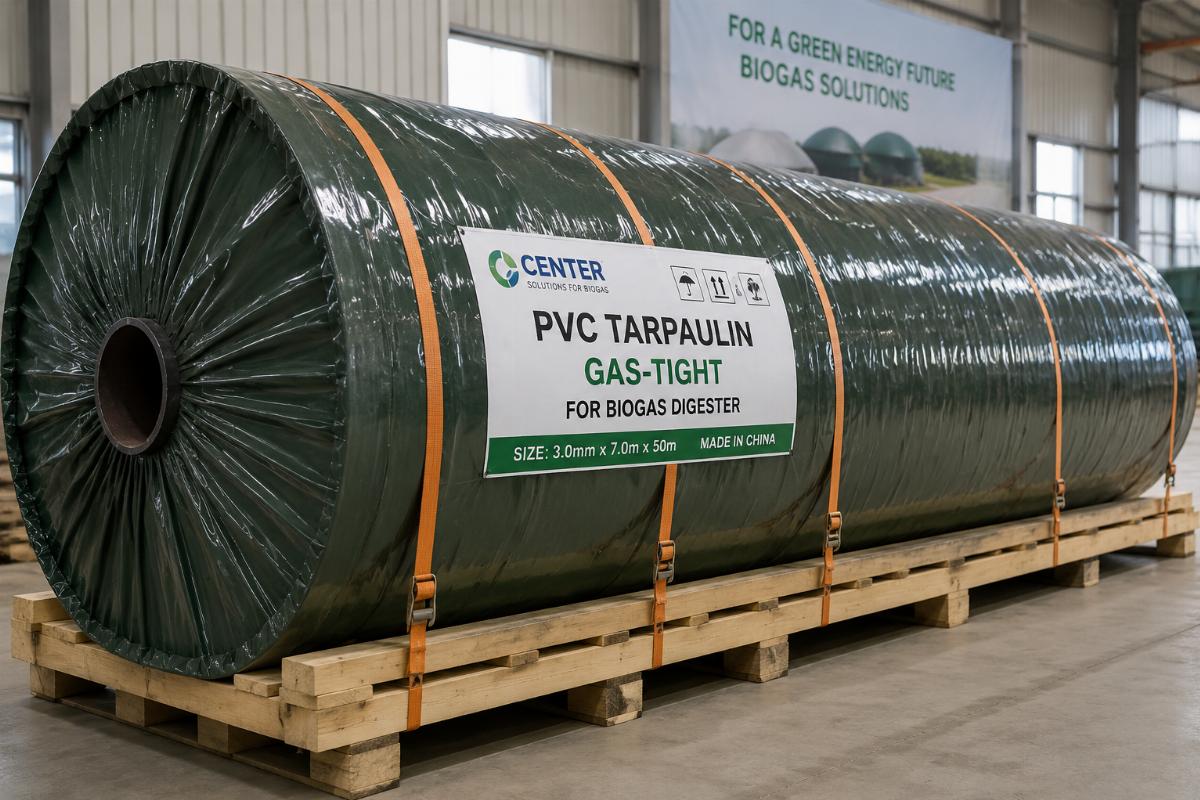 Large custom gas-tight PVC tarpaulin roll ready for shipment for an industrial biogas project