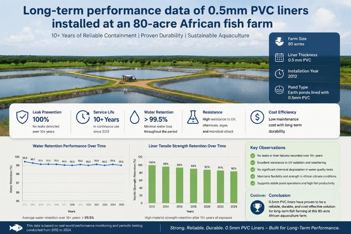 Long-term performance data of 0.5mm PVC liners installed at an 80-acre African fish farm