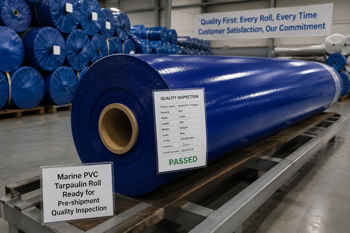 Marine PVC tarpaulin roll ready for pre-shipment quality inspection