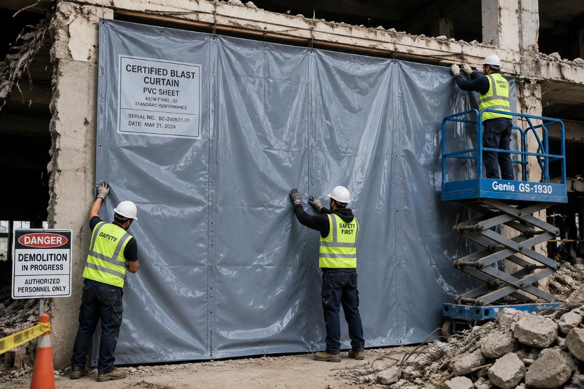 Operators installing certified blast curtain PVC sheets at a demolition site