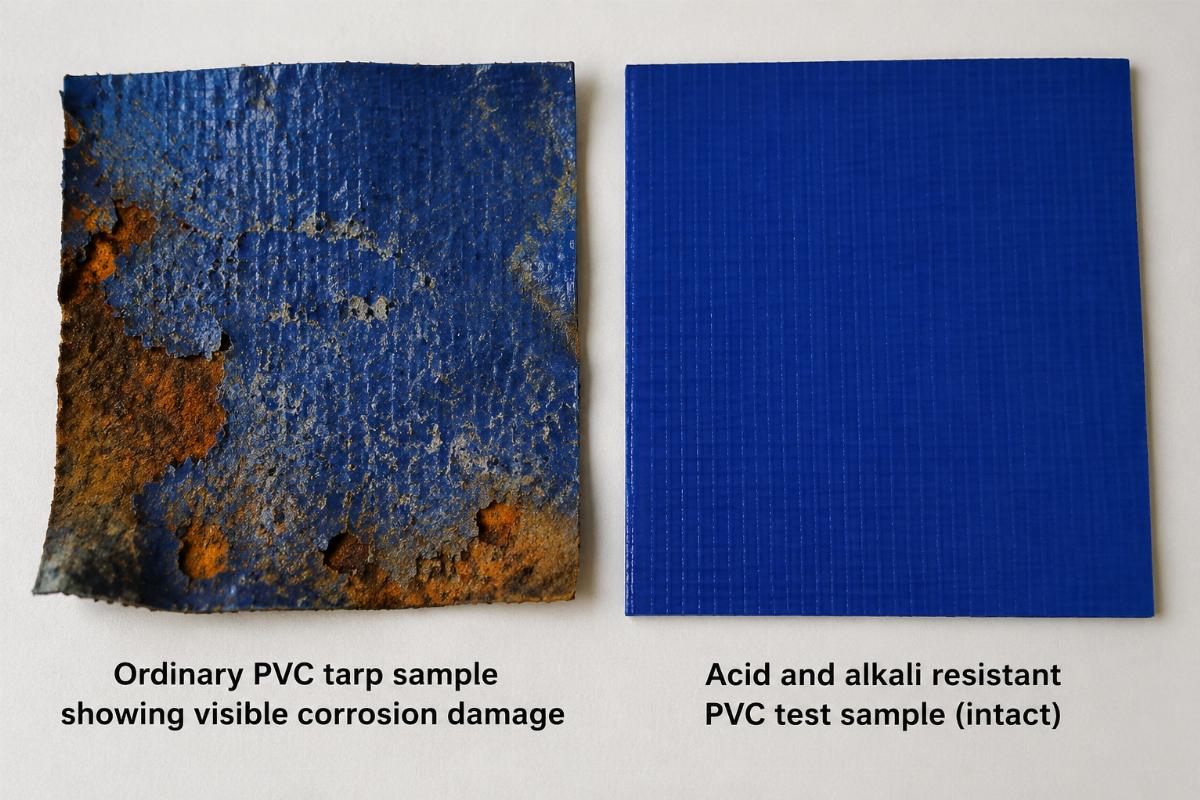 Ordinary PVC tarp sample showing visible corrosion damage next to intact acid and alkali resistant PVC test sample