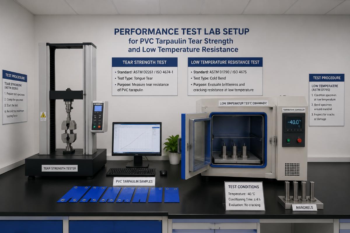 Performance test lab setup for PVC tarpaulin tear strength and low temperature resistance