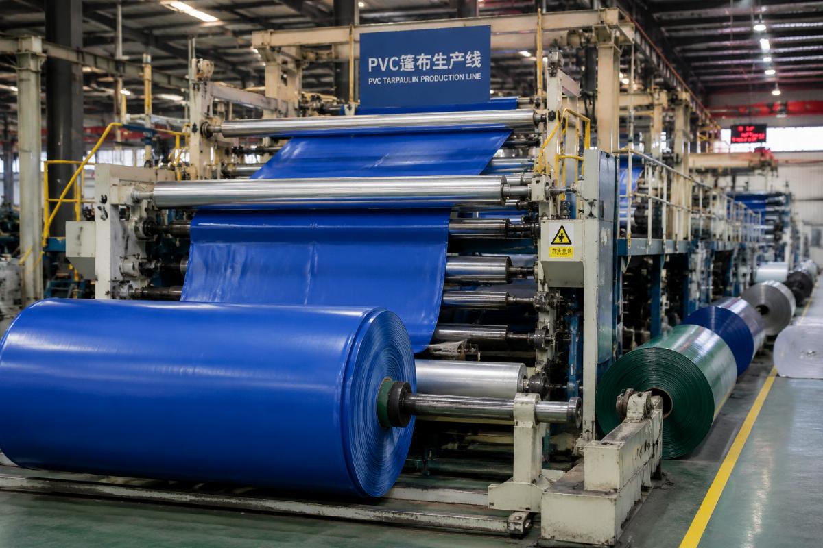 Production line running rolls of heavy-duty PVC tarpaulin in a factory