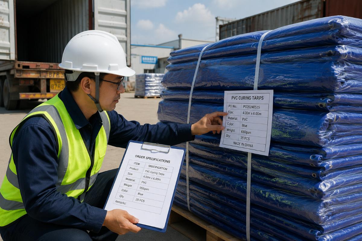 Project manager inspecting delivered PVC curing tarps against order specifications on site