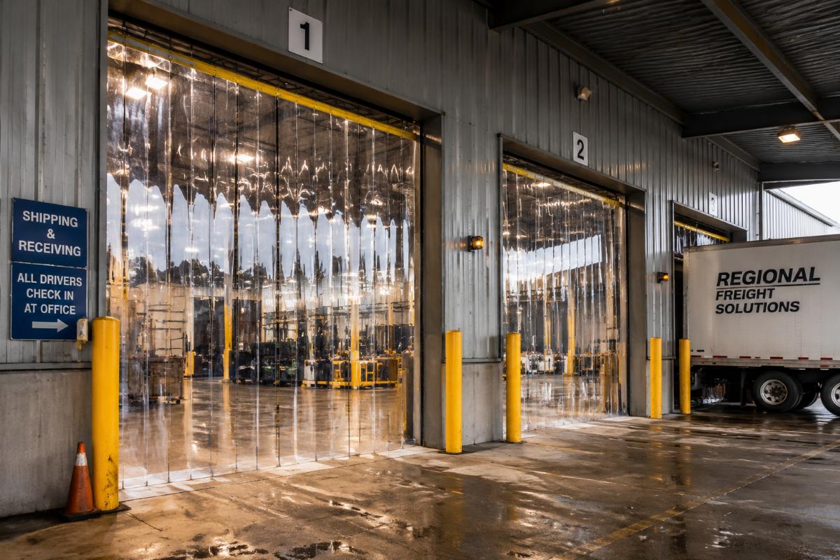 PVC strip divider curtains installed at a high-traffic loading dock of a regional trucking hub