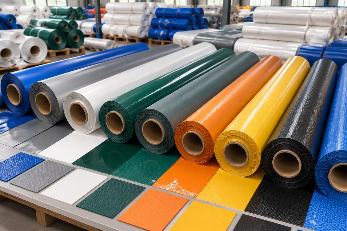 PVC tarpaulin sample rolls laid out in a factory storage area, showing different thicknesses and coating finishes