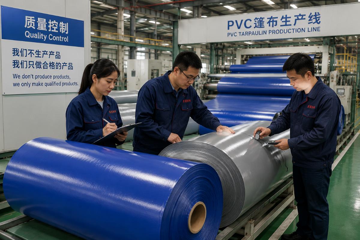 Quality control team inspecting finished PVC tarpaulin rolls on a Chinese factory production line