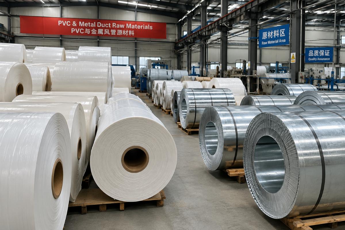 Raw material rolls for PVC and metal duct production arranged in a factory warehouse