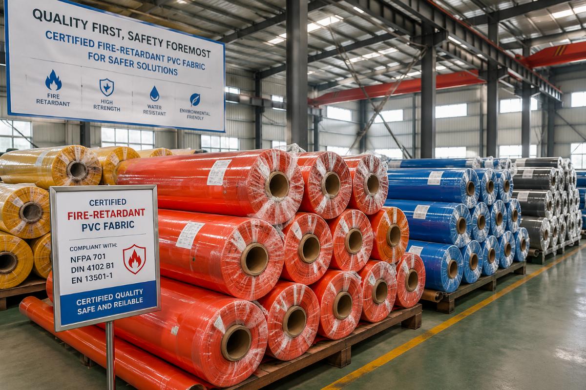 Rolls of certified fire-retardant PVC fabric stacked in a factory warehouse