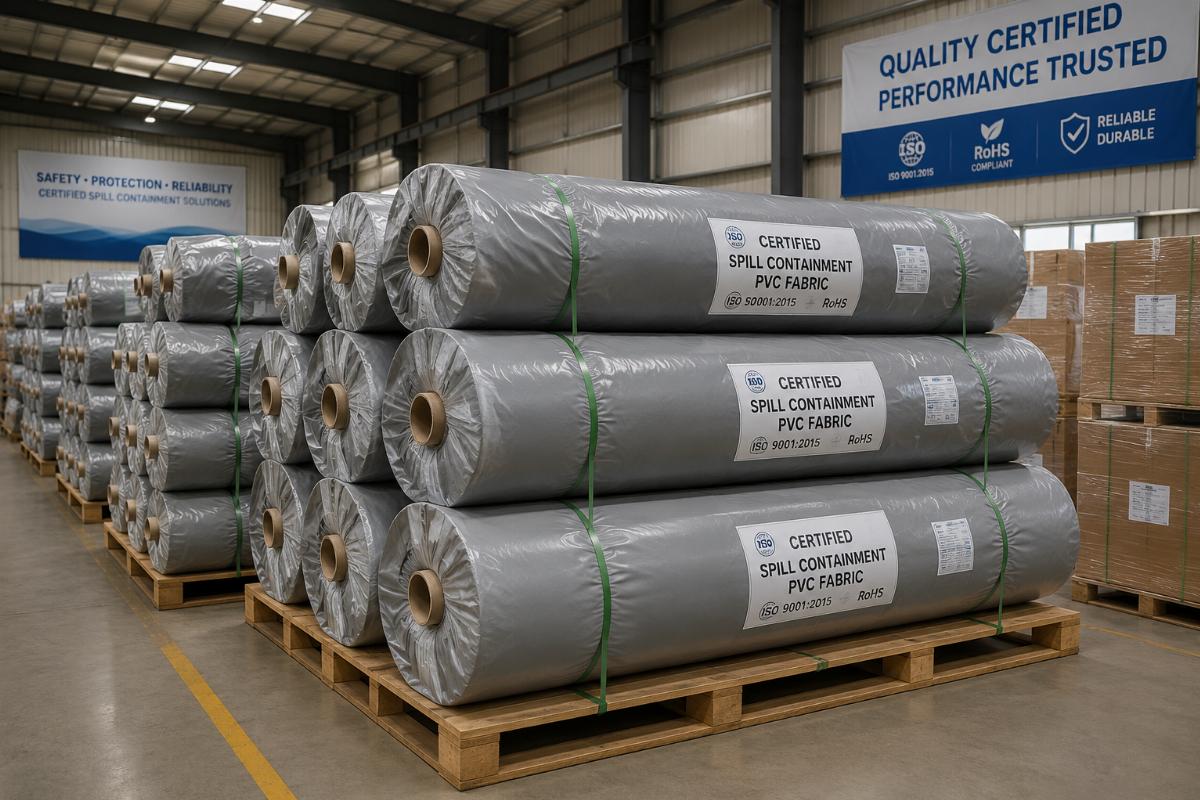 Rolls of certified spill containment PVC fabric stacked in a warehouse ready for shipment