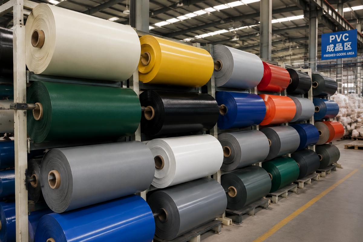 Rows of different thickness heavy-duty PVC fabric rolls in a factory warehouse