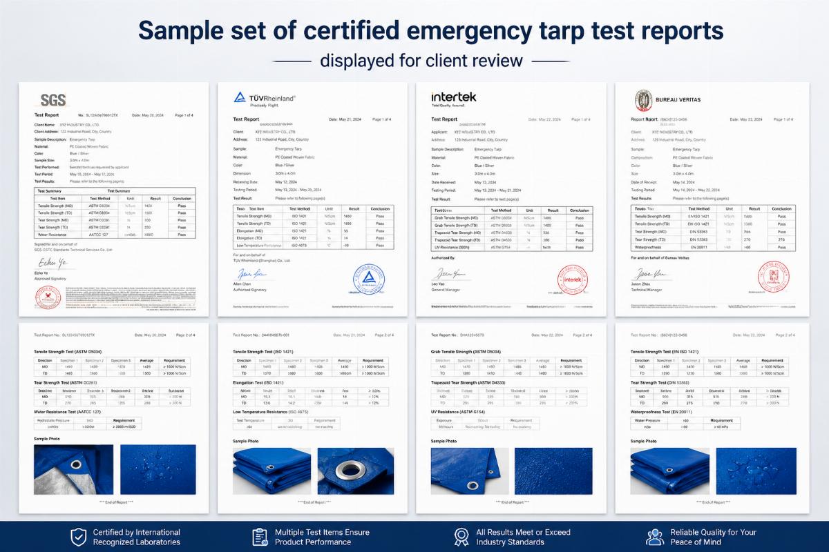 Sample set of certified emergency tarp test reports displayed for client review