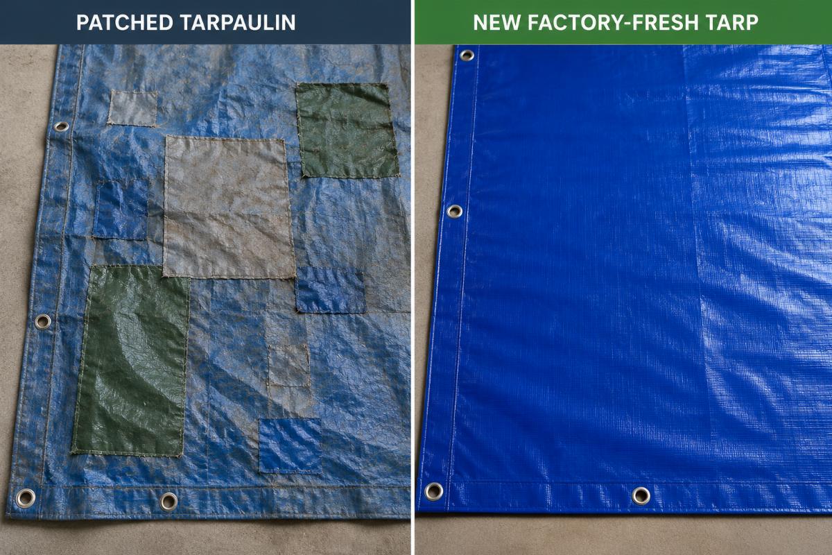 Side-by-side comparison of a patched tarpaulin and a new factory-fresh tarp