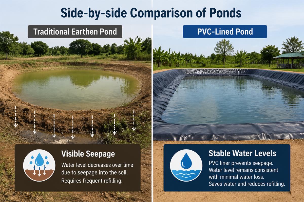 Side-by-side comparison of a traditional earthen pond with visible seepage and a PVC-lined pond with stable water levels