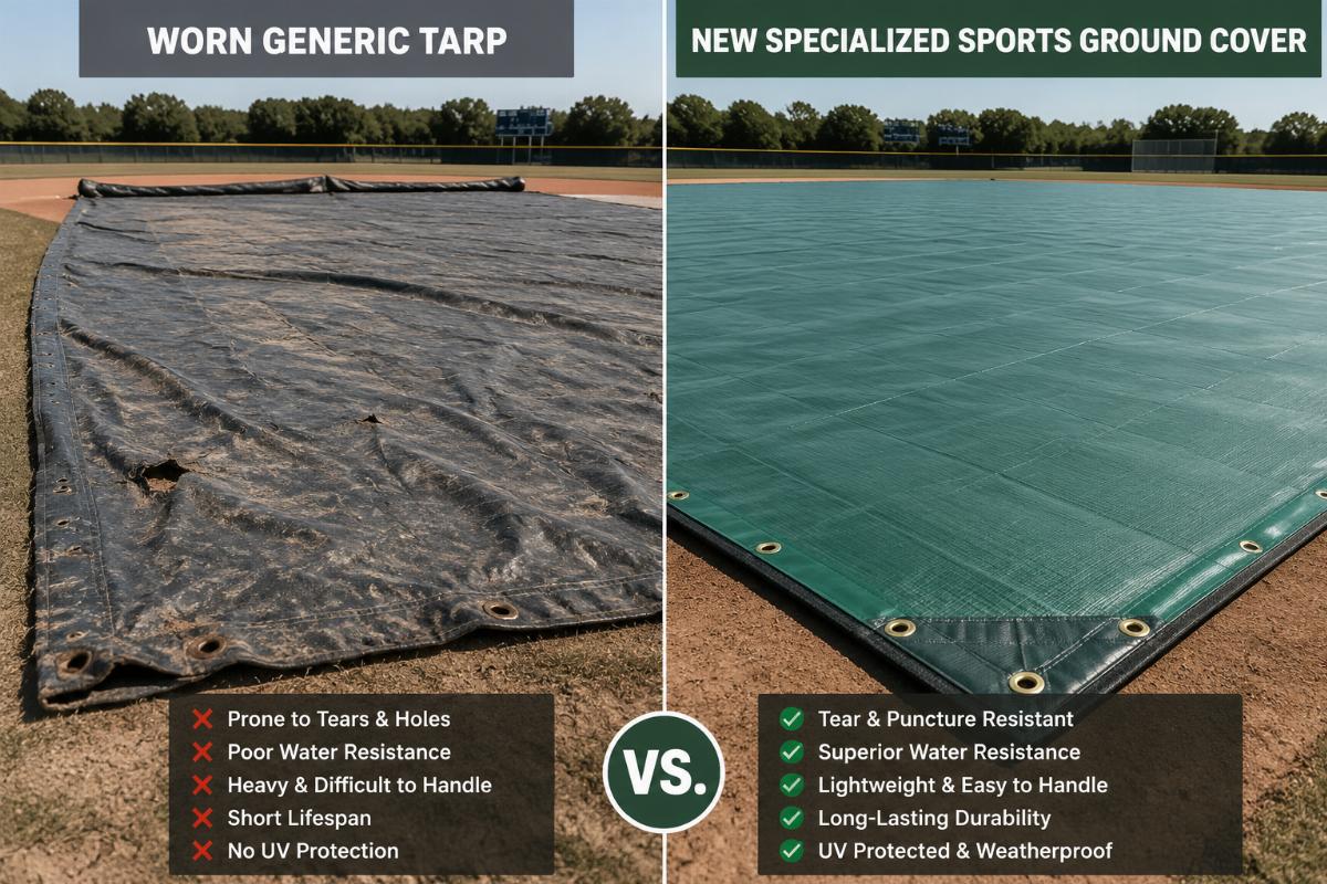 Side by side comparison of a worn generic tarp and a new specialized sports ground cover