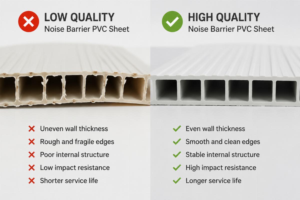 Side by side comparison of low quality and high quality noise barrier PVC sheet cross sections
