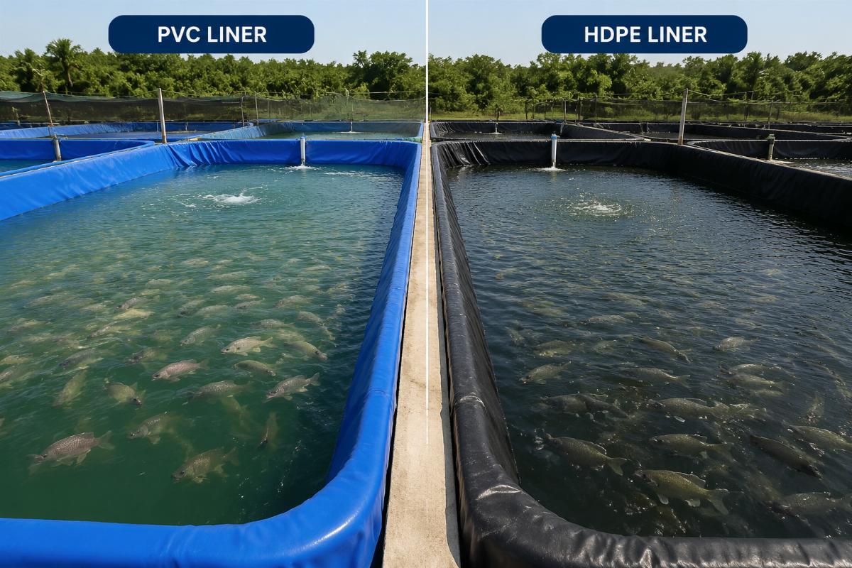Side-by-side comparison of PVC and HDPE fish pond liner samples installed in a commercial tilapia farm