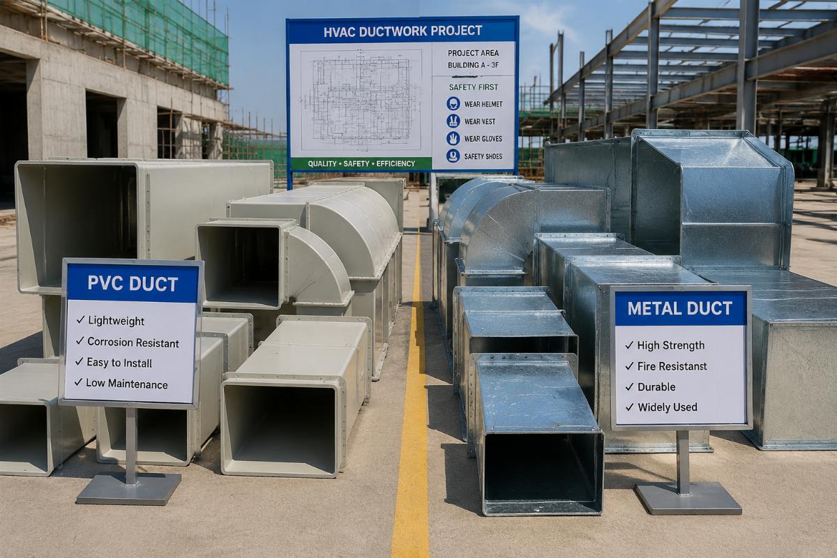 Side-by-side comparison of PVC and metal industrial air duct samples laid out on a project site