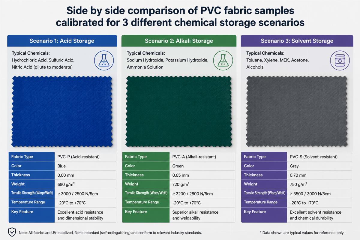 Side by side comparison of PVC fabric samples calibrated for 3 different chemical storage scenarios