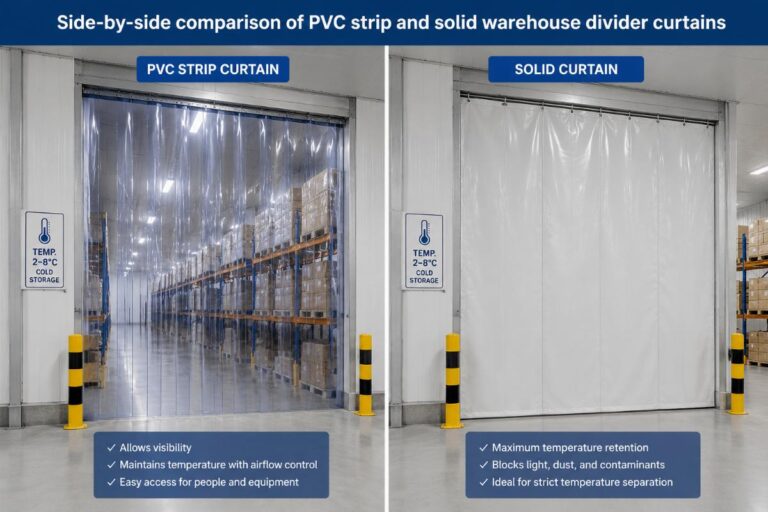 Side-by-side comparison of PVC strip and solid warehouse divider curtains installed in a temperature-controlled storage facility