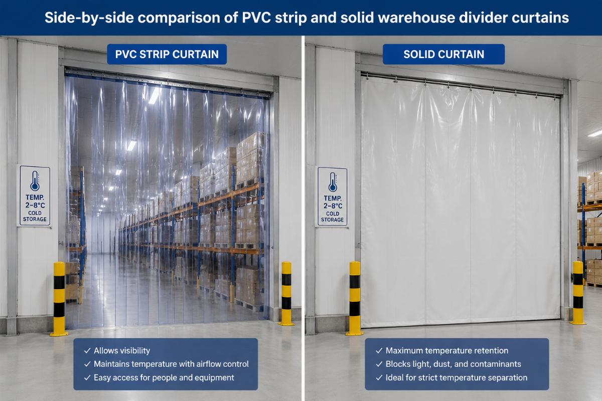 Side-by-side comparison of PVC strip and solid warehouse divider curtains installed in a temperature-controlled storage facility
