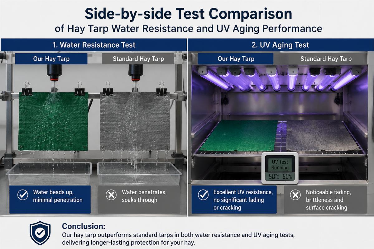 Side-by-side test comparison of hay tarp water resistance and UV aging performance in a lab setting