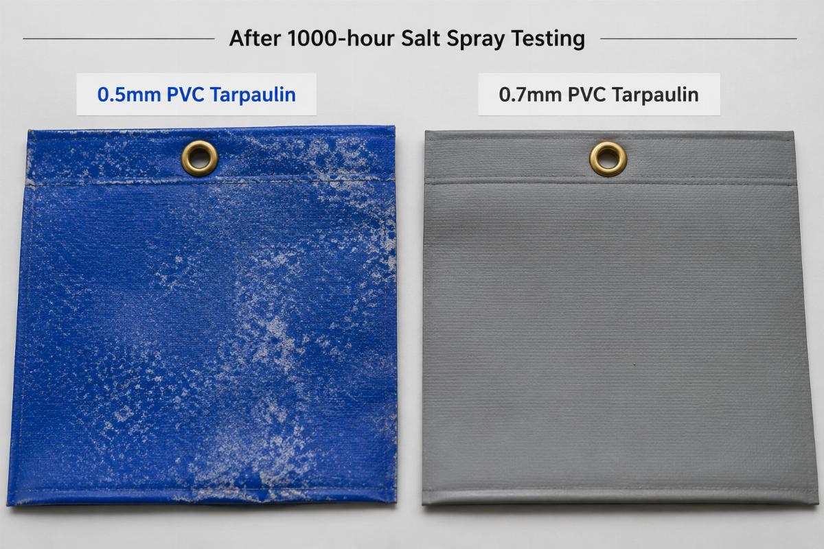 Side-by-side test samples of 0.5mm and 0.7mm marine PVC tarpaulin after 1000-hour salt spray testing