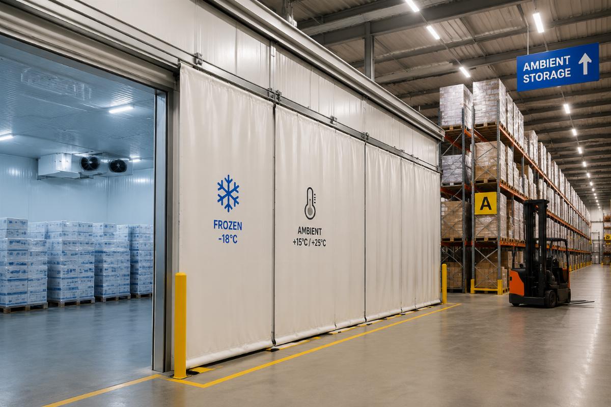 Solid warehouse divider curtains installed to separate frozen and ambient temperature storage zones in a European logistics facility