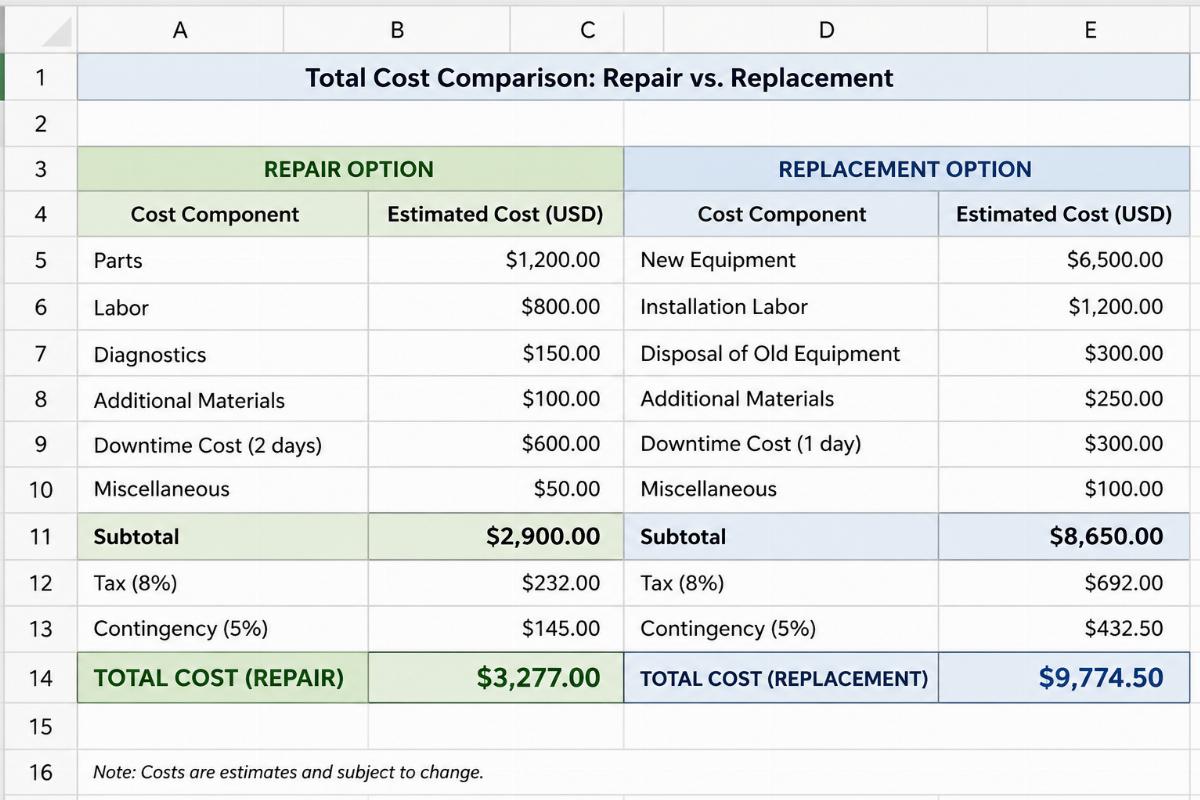 Spreadsheet snippet showing side-by-side total cost calculation for repair and replacement