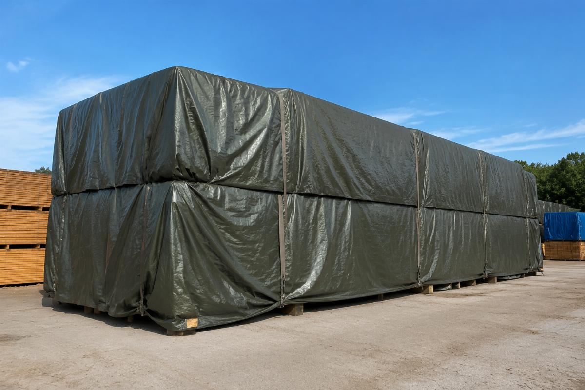Stacked timber fully covered with heavy-duty tarps in an open outdoor yard