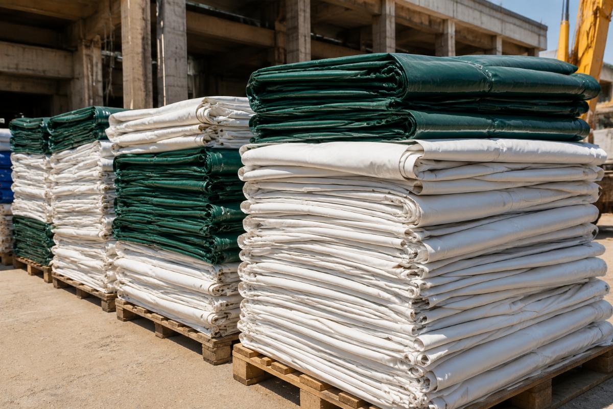 Stacks of custom-sized PVC curing tarps stored on a project site ready for deployment