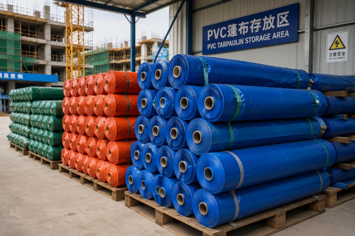 Standardized PVC tarpaulin rolls stacked at a construction site warehouse