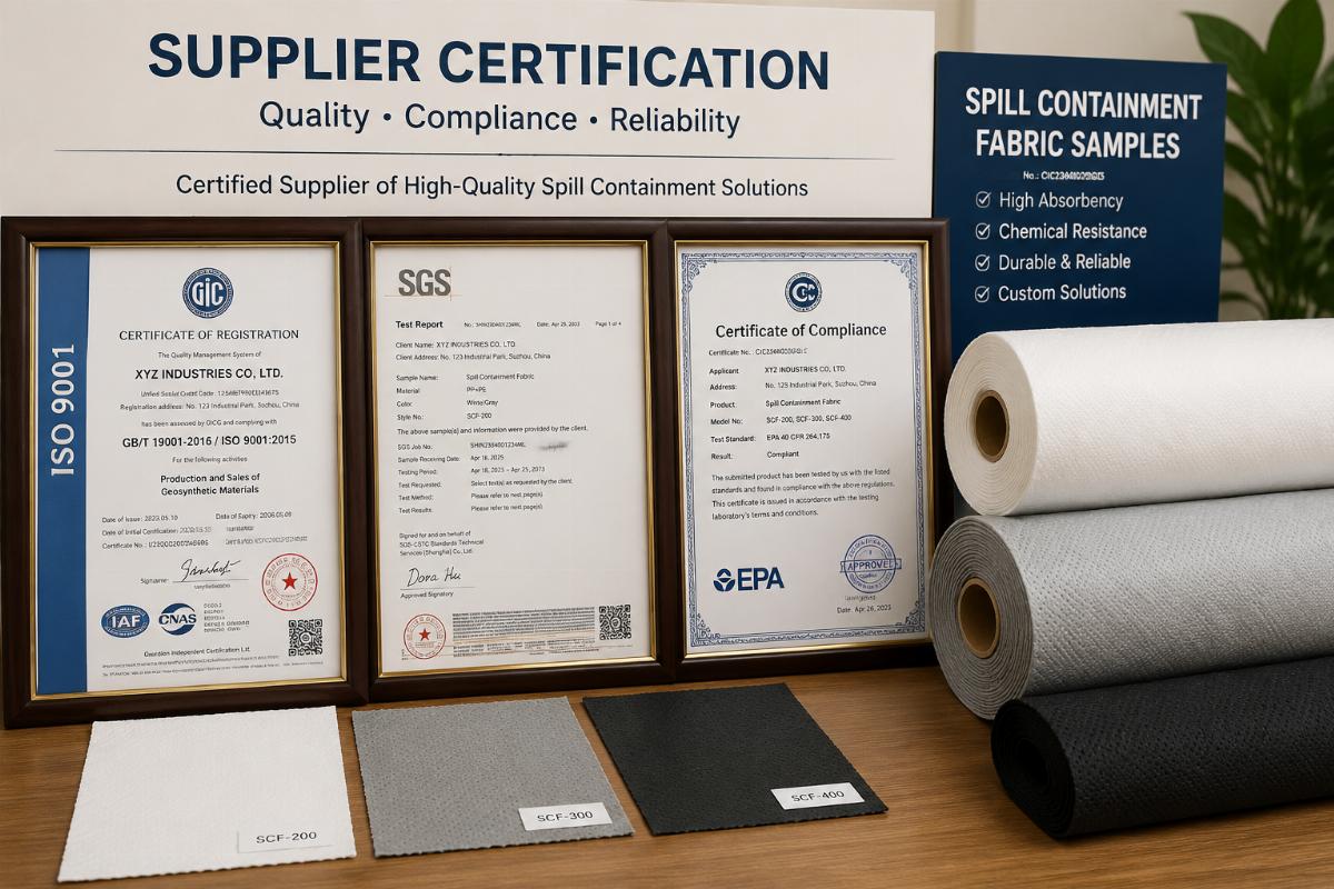 Supplier certification documents displayed alongside spill containment fabric sample rolls