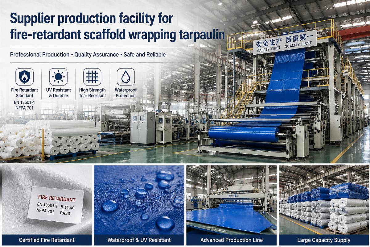 Supplier production facility for fire-retardant scaffold wrapping tarpaulin